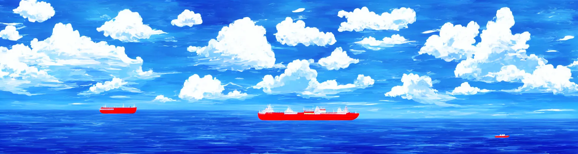 Prompt: in front of clouds, a big ship alone in ocean, clear blue sky background, don't have human, landscape, anime style