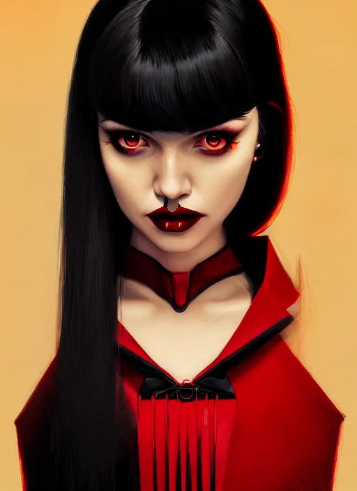 Image similar to portrait of vampire veronica lodge with bangs, vampire fangs, vampire, long hair, red clothes, bangs, vampironica, intricate, elegant, glowing lights, highly detailed, digital painting, artstation, concept art, smooth, sharp focus, illustration, art by wlop, mars ravelo and greg rutkowski