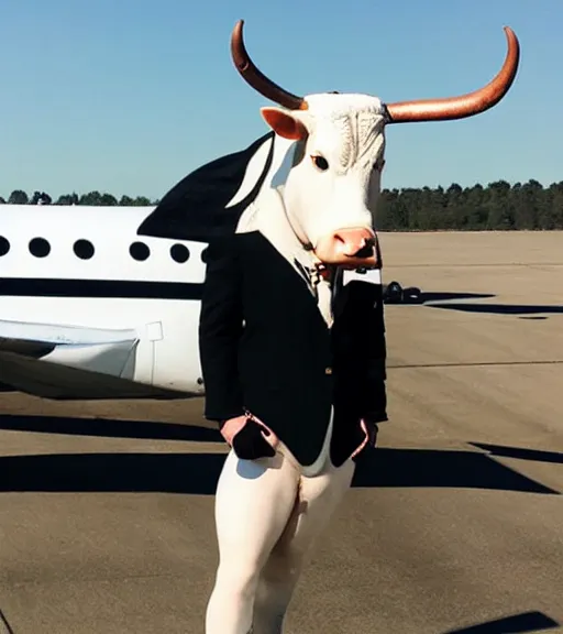 Prompt: modern day dressed beautiful holstein minotaur boarding an airplane