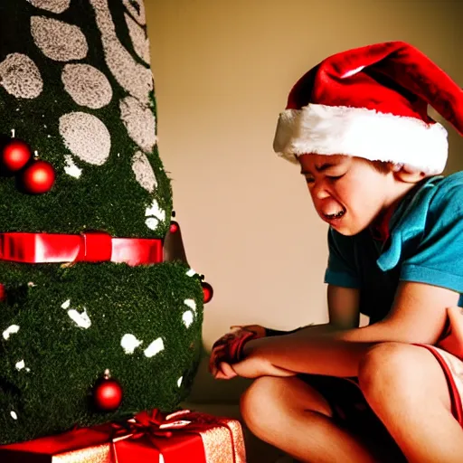 Image similar to a kid at christmas disappointed and crying looking a giant moai statue, his hands buried in his face, sitting down | inside of a house next to a christmas tree, large opened present box next to the moai