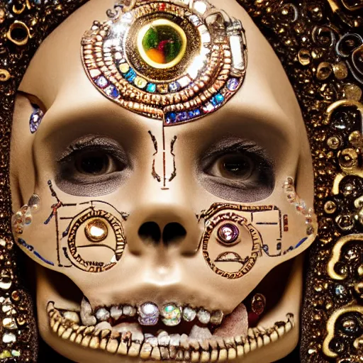 Image similar to half female half android laid down with visible gems inlaid in skin with anatomic description, antique style, skeleton, gems, cameo, gold, 8k, details, studio lighting, realism, complex lights