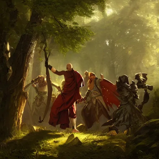 Image similar to 'A monk, bard, druid and a paladin are fighting together in the woods, art by Greg Rutkowski, 4k'