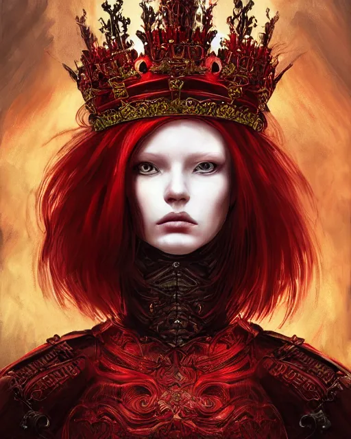 Prompt: redhead queen in heavy red armor, inside an epic gothic castle, baroque, hearts falling, large crown helmet, face with scars, psychopath, aristocratic, intimidating, ominous, high fantasy, intricate detail, digital painting, artstation, concept art, smooth, sharp focus, illustration, art by yoshitaka amano and monia merlo and wlop