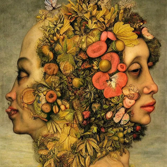 Image similar to a beautiful profile portrait of a woman, leaves, by giuseppe arcimboldo,, psychedelic, surreal, dreamlike, environmental friendly, nature.