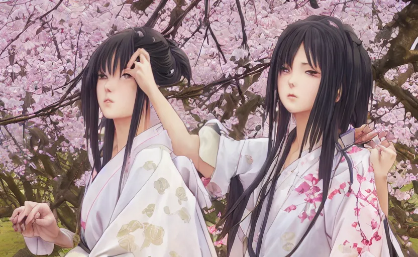 Image similar to side portrait of a girl walking, sakura tree in background, yukata clothing, battlefield in background, anime style, shoulder eyes, hair down, symmetrical facial features, from arknights, hyper realistic, 4 k, extreme detail, detailed drawing, trending artstation, realistic lighting, by alphonse mucha, greg rutkowski, sharp focus, backlit