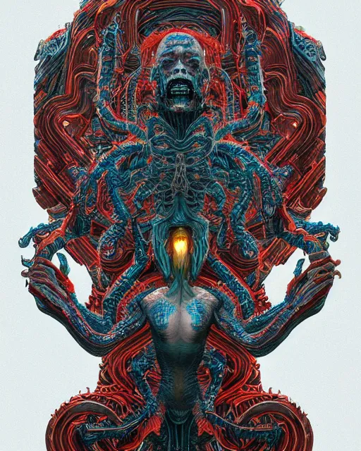 Image similar to portrait of a monster with six arms, full body, six arms, intricate abstract. intricate artwork. by Tooth Wu, wlop, beeple, dan mumford. mulholland drive by david lynch, dune by david lynch, octane render, trending on artstation, greg rutkowski very coherent symmetrical artwork. cinematic, hyper realism, high detail, octane render, 8k, iridescent accents