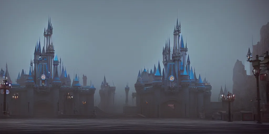 Prompt: cinematic, concept art, hyper realistic, symbolism, Orwellian Disney Land, defined architecture by Scott M Fischer, misty, foggy, depth of field, 8k, 35mm film grain, unreal engine 5 render