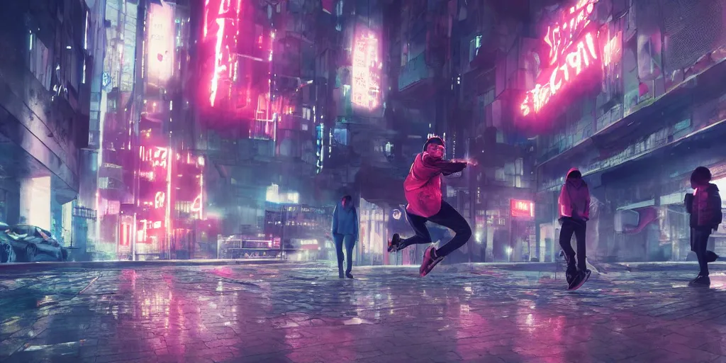 Prompt: cinematic shots of teenagers with tech clothing and hoods and futuristic gas masks making parkour on a dystopian city, neon lights, sci - fi, night lights, rain and haze, concept art, intricate, in the style of katsuhiro otomo, akira, unreal engine