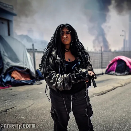 Image similar to Candid extreme wide shot of a poor techwear mixed woman with tattoos outside of a futuristic Los Angeles on fire, homeless tents on the side of the road, military police, cyberpunk, 4k, extreme long shot, desaturated, full shot, action shot, motion blur, sigma 85mm f/1.4, high resolution, 4k, 8k, hd, full color, important moment in history, award winning photography