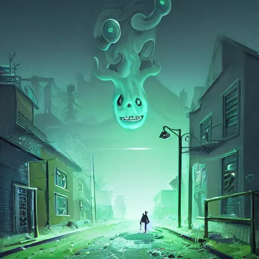 Prompt: a being of green ghostly viscous slime ooze making its way through abandoned midnight suburban streets, inevitable doom, concept art, goosebumbs novel cover, wisp lights, rhads,