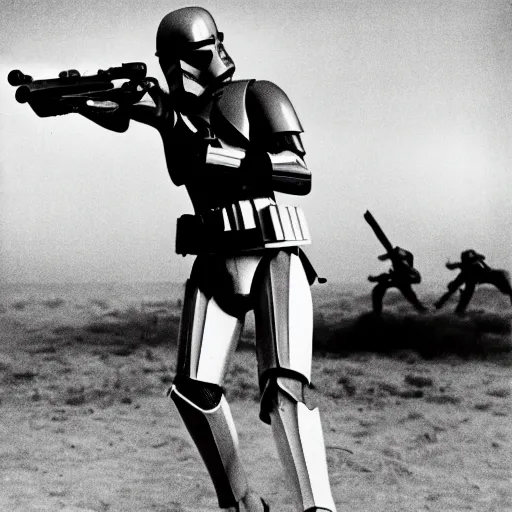 Image similar to falling soldier, republic clone trooper, black - and - white photograph, geonosis, realism, pictorialism, by robert capa, 3 5 mm film, like the moment of death has been frozen forever, groundbreaking photography