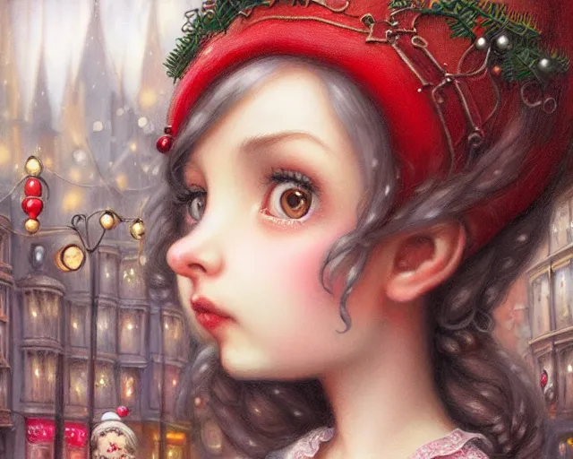 Image similar to closeup profile portrait of victorian london streets, nicoletta ceccoli, mark ryden, lostfish, max fleischer, hyper realistic, artstation, illustration, digital paint, matte paint, vivid colors, bright, cheerful, detailed and intricate christmas environment