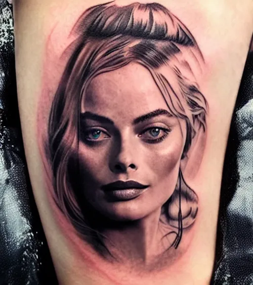 Image similar to tattoo design sketch double exposure of margot robbie faded in beautiful mountain scenery, creative mash up, in the style of arlo dicristina, surrealist, amazing detail, sharp