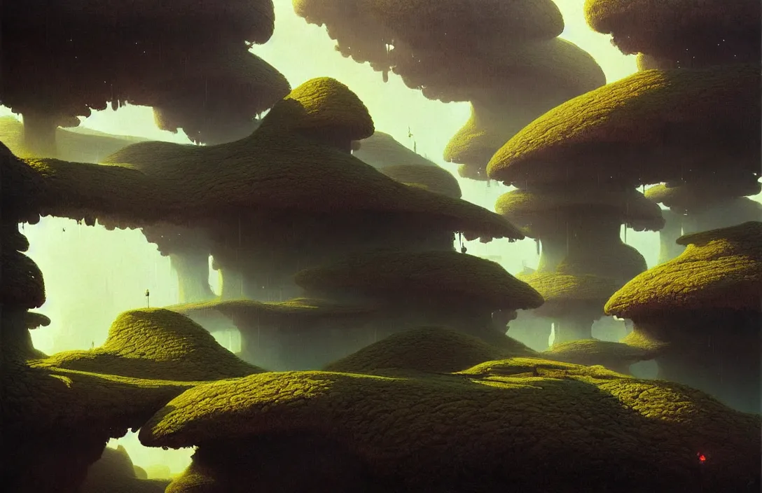 Prompt: line density is used for rendering light and shadow. painting by roger dean once in a lifetime by jan urschel