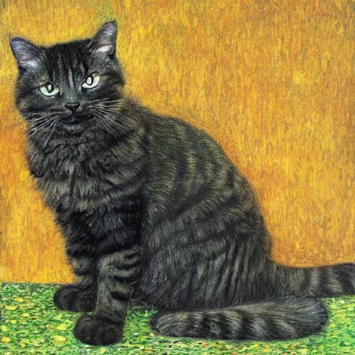 Image similar to portrait of a very fluffy dark tabby cat with green eyes eating cat food, happy cat, canned food, moonlight, full body, smiling cat, golden colors, flowers, intricate, elegant, highly detailed, smooth, sharp focus, illustration, art by gustav klimt