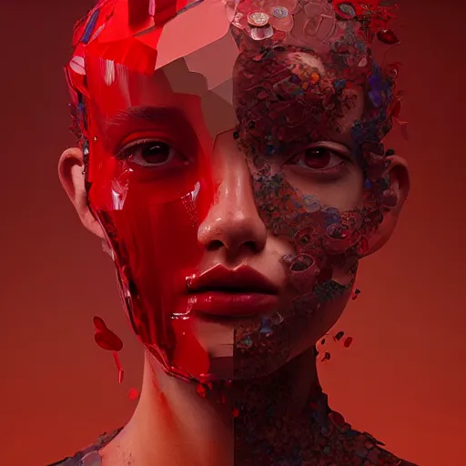 Prompt: 3 d, fashion models looks into the frame, red tears, intricate oil painting, high detail, figurative art, multiple exposure, poster art, 3 d, by tooth wu and wlop and beeple