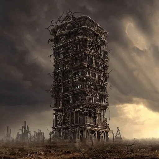 Image similar to giant evil bio-organic fleshy complex machine tower with tendrils and one eyeball at the top looking over a stormy post-apocalyptic wasteland, dystopian art