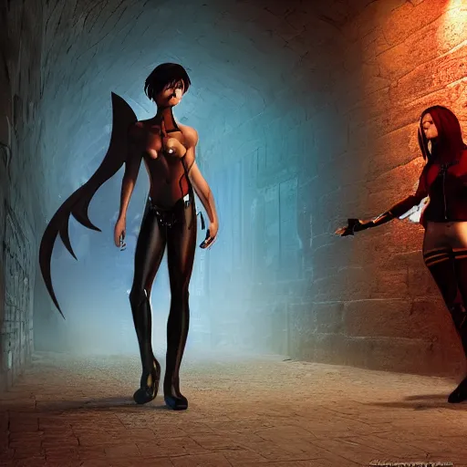 Image similar to a school boy being intimidated by a succubus in a leather suit, devi wings, cracked brick wall, long hallway, light at the end of the tunnel, volumetric lighting, concept art, detailed, dramatic lighting, by hayao miyazaki