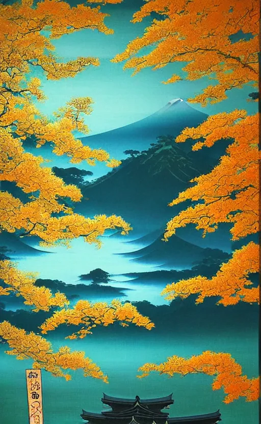 Image similar to japanese inspired poster, beautiful japanese architecture and nature, oil on canvas, japanese art beautiful aesthetic, photorealistic, lake, light rays theough the trees