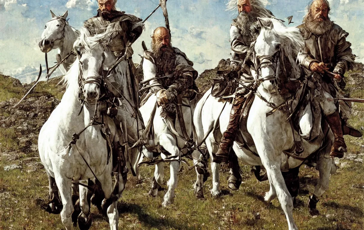 Prompt: A portrait of Sean Connery as gandalf the grey riding a white horse in minas tirith by Norman Rockwell