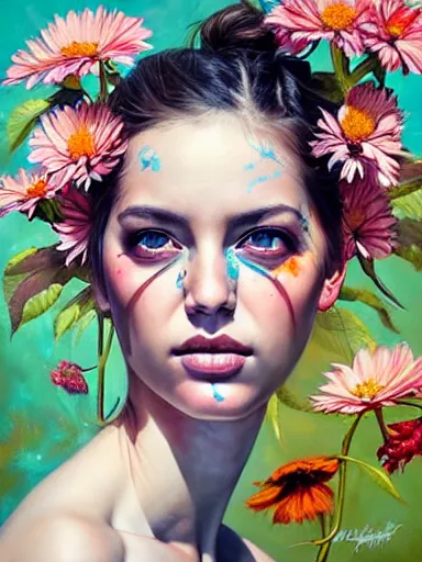 Image similar to portrait of lyndsey scott with a floral background : : painted by artgerm, karol bak, artur bordalo, sandra chevrier : : portrait, character, illustration, hyperrealism, photorealism