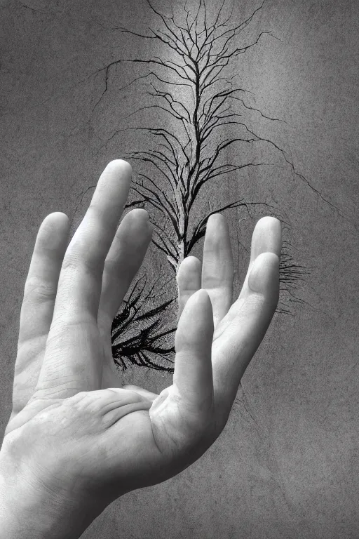 Image similar to hyper realistic beautiful detailed image of a human's palm hand with a tree growing on, white background, photorealistic, 4 k