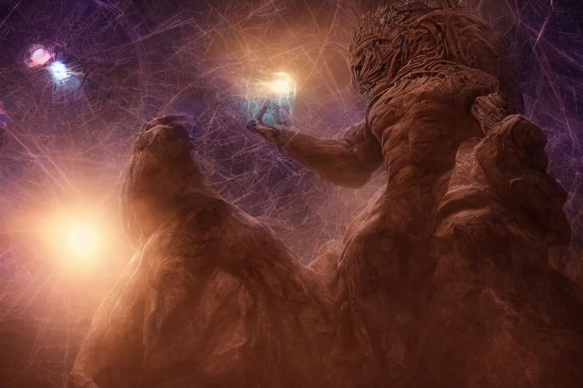 Prompt: colossal ancient alien god trapped in a 3 dimensional volumetric form of the sacred geometry of evil, made of lasers, cast across the night sky, 8 k, ultra realistic, lens flare, atmosphere, glow, detailed, intricate, full of colour, cinematic lighting, trending on artstation, 4 k, hyperrealistic, focused, extreme details, unreal engine 5, cinematic, masterpiece