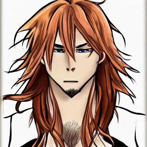 Prompt: well built man, rusty colored long hair, anime, high details,