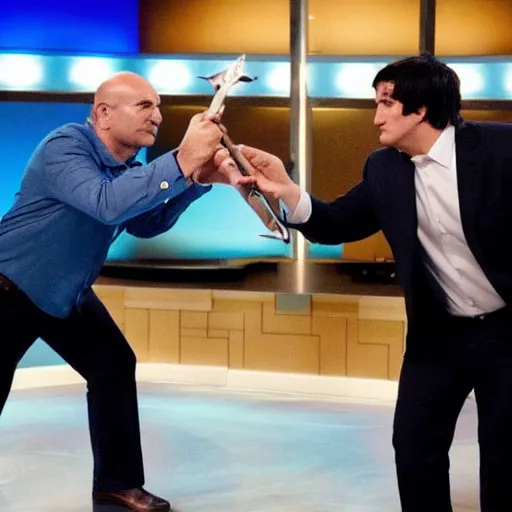 Image similar to Lighstaber duel between Kevin O'Leary and Mark Cuban, in Shark Tank (2016)