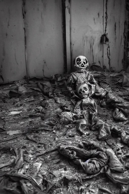 Prompt: a photograph of a haunted creepy doll photographs in a desolate nuclear apocalypse, ectoplasm, very creepy, skull, bones, possessed, atmospheric, dark derelict environment, highly detailed, epic scene