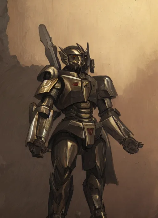 Image similar to medium-length portrait of a male paladin with short curly hair and a salt-and-pepper beard, dark brown skin, wears a suit of power armor, magitech!, gundam, medieval setting, highly detailed, digital painting, artstation, concept art, sharp focus, illustration, art by greg rutkowski and alphonse mucha