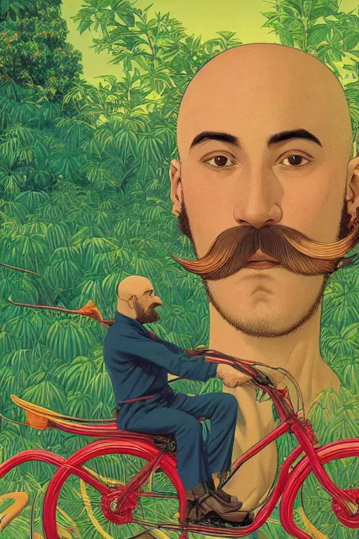 Image similar to a colorful closeup portrait of a handsome young bald man with a very long wild beard and handlebar moustache riding a motorcycle and dreaming psychedelic hallucinations in the overgrown landscape of amazon jungle, by kawase hasui, moebius and edward hopper, colorful flat surreal design, hd, 8 k, artstation