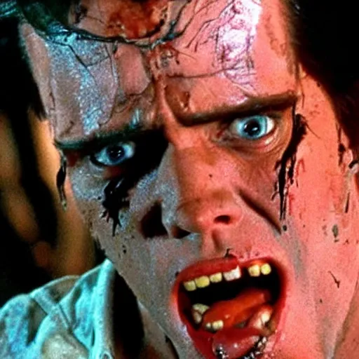 Prompt: movie still of jim carrey in evil dead 2