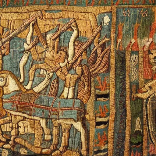 Image similar to highly textured ancient tapestry with a unicorn hunt scene made of threads realistic 15th century, museum