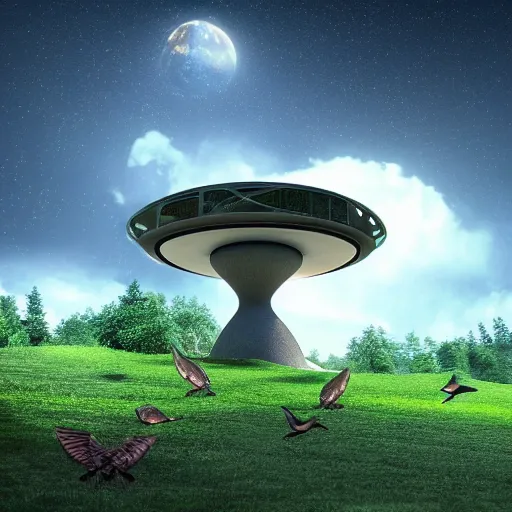 Image similar to round sci-fi building in a forested valley with birds, sense of hope, daytime, bright sky, digital art, art station, extremely detailed