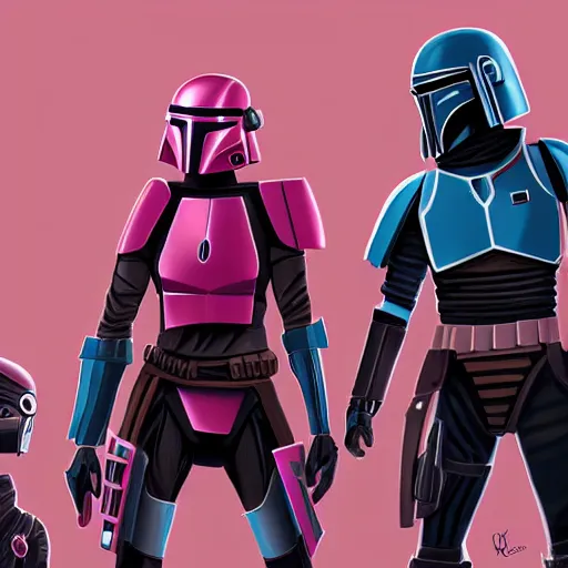 Image similar to bo katan, koska reeves, and a very fancy female mandalorian in a pink suit and bedazzled helmet. digital art. photo realistic. 4 k. intricate. detailed. by krenz cush art simon fetscher.