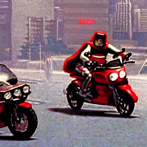 Image similar to a motor cycle chase. cinematic. scene from the movie Akira.