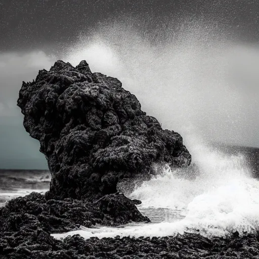 Prompt: waves crashing on a beach at night, moon, lava rock, small house