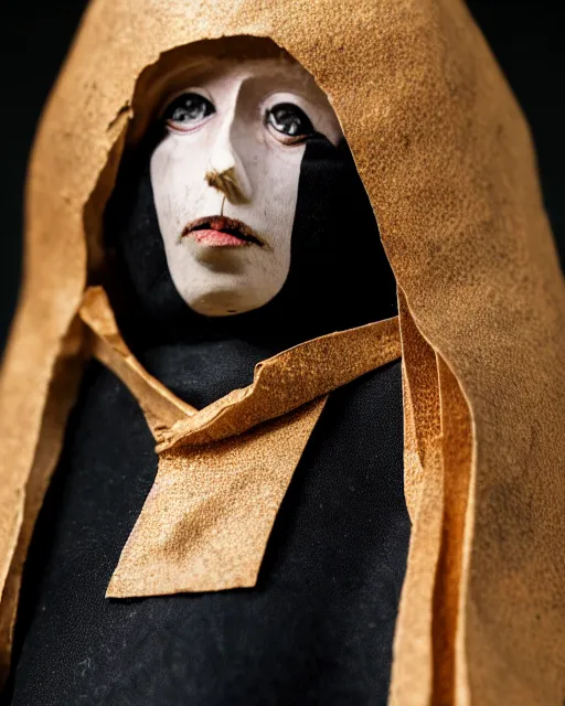 Image similar to a paper mache doll of a dead nun, realistic, very detailed, complex, intricate, studio lighting, superres sharpening, bokeh, sigma 5 0 mm f 1. 4