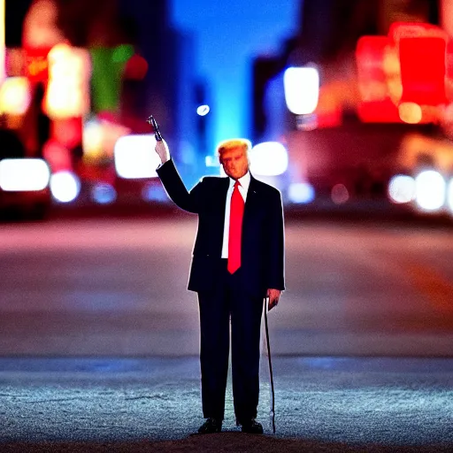 Image similar to “Very very impressive photo of Donald Trump standing in the middle of Fifth Avenue with a gun, atmospheric lighting, award-winning crisp details”