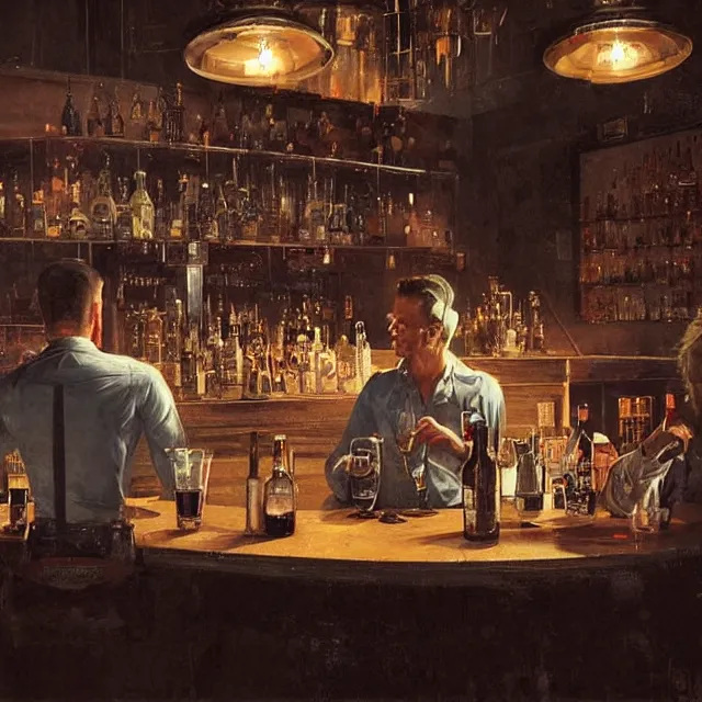 Image similar to two men sitting at a bar drinking whiskey being served by a robot bartender, near future, sci - fi concept art, by greg rutkowski and norman rockwell, highly detailed, intricate details, soft lighting, studio lighting