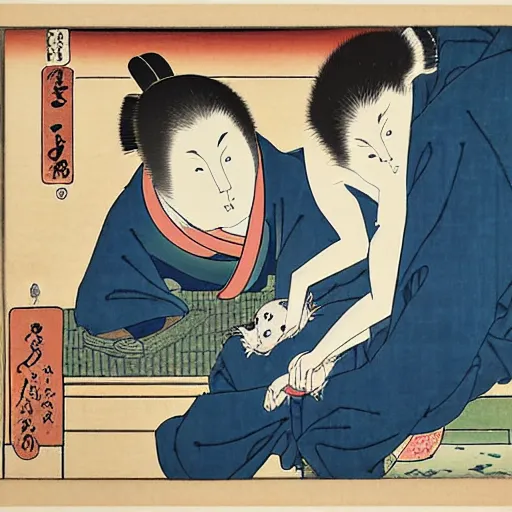 Image similar to a hokusai ukiyo - e portrait of a cat grooming itself, a shocked woman looks at the cat, japanese quote in the top left corner