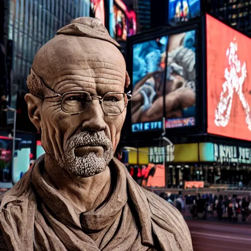 Image similar to extreme long - shot photograph of a renaissance clay sculpture of walter white wearing a phrygian cap in times square, made by michelangelo, hyper detailed, sharp focus, 8 k resolution, ray tracing