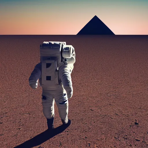 Prompt: an astronaut walking towards a pyramid in the desert, nighttime, star filled sky, trending on artstation, 8 k, ultra wide angle, zenith view, pincushion lens effect