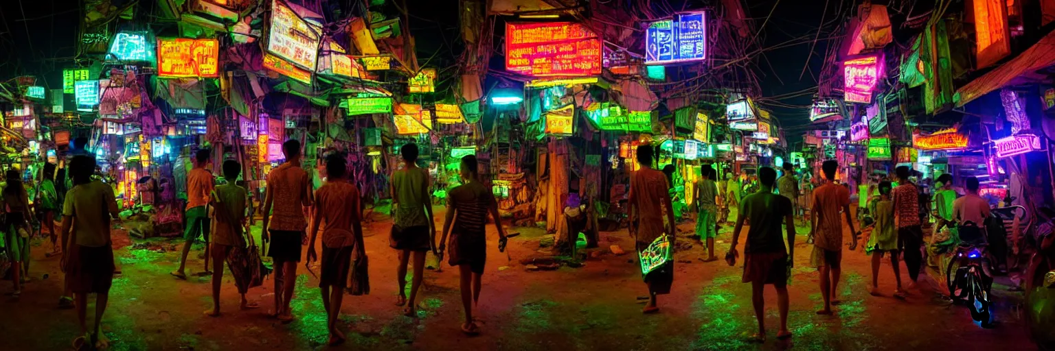 Image similar to Cyberpunk Residents, futuristic Phnom-Penh Cambodia, neon dark lighting