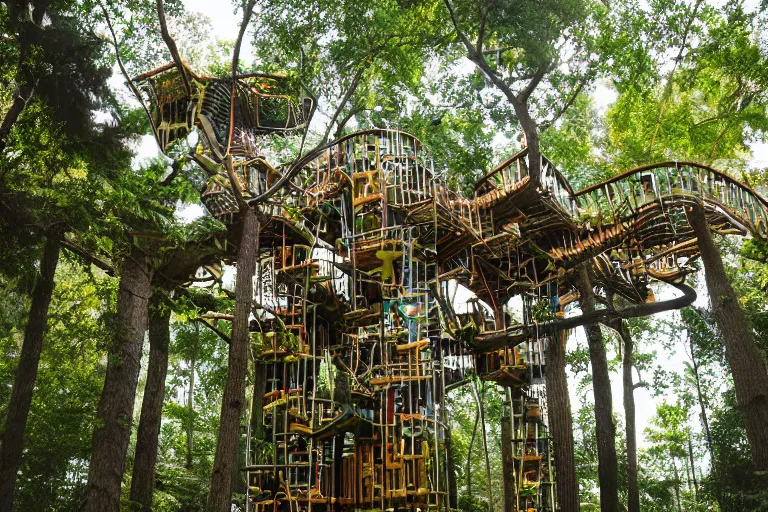Image similar to an elaborate surreal expansive treehouse maze