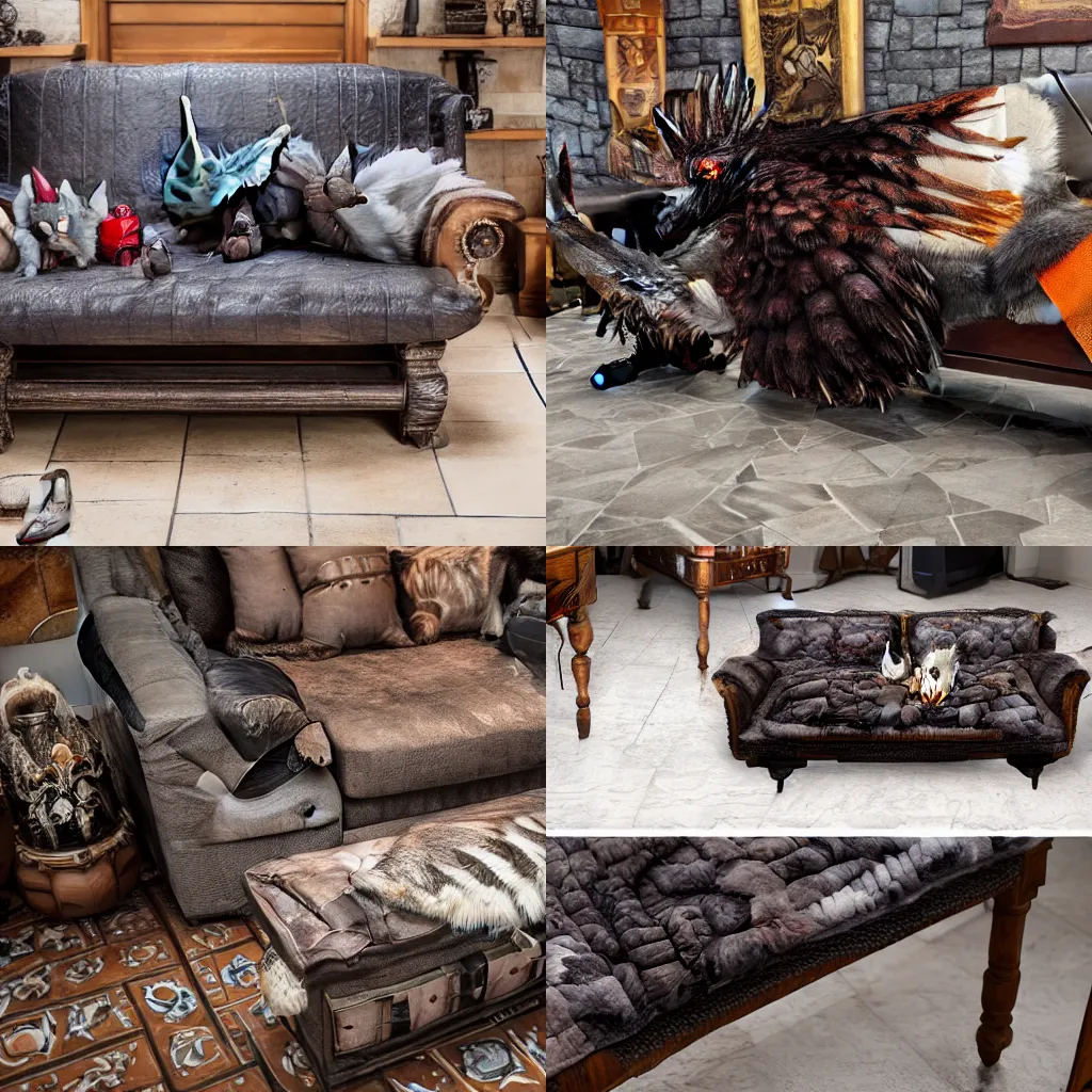 Prompt: Nergigante couch in a wet tiled stone floor living room, surrounded by palico cats and monster hunting weapons, furniture photography, 4k, DSLR camera photo