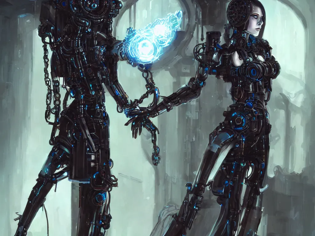 Prompt: cybernetic priestess with mechanical elements, cyberpunk, gothic, fantasy, science fiction, character concept art, painting,