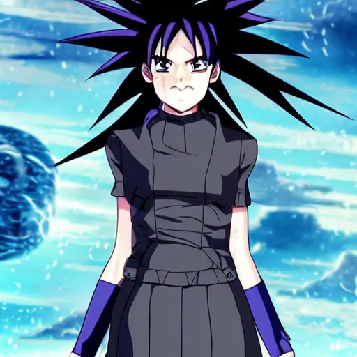 Prompt: 1 7 - year - old black haired anime goth girl wearing gothic jacket, spiky hair, super saiyan aura, psychi powers, floating above roof, futuristic city in background, 2 0 0 1 anime, subsurface scattering, intricate details, art by toei, art by studio gainax, studio trigger art, anime screenshot