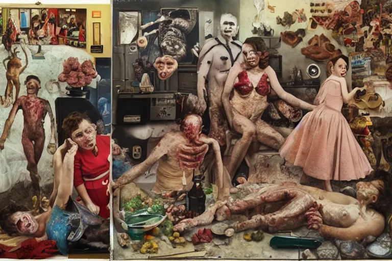 Image similar to full color american nightmare, joel peter witkin photo of 1 9 5 0 s suburban family, meaty capitalist propaganda meets body horror, sweaty patriotic nihilism, annie liebovitz, bosch, disney, gustave dore, pixar